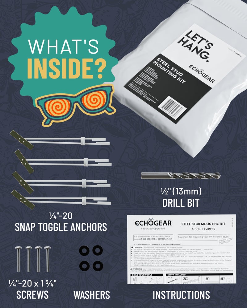 ECHOGEAR مجموعة تركيب تلفاز ECHOGEAR من الفولاذ للمثبتات الثابتة والمائلة - تثبيت آمن للتلفزيونات حتى 175 رطل على جدران الفولاذ - تشمل مثبتات Snaptoggle المعتمدة من UL، مثقاب، براغي وغسالات - Image 3